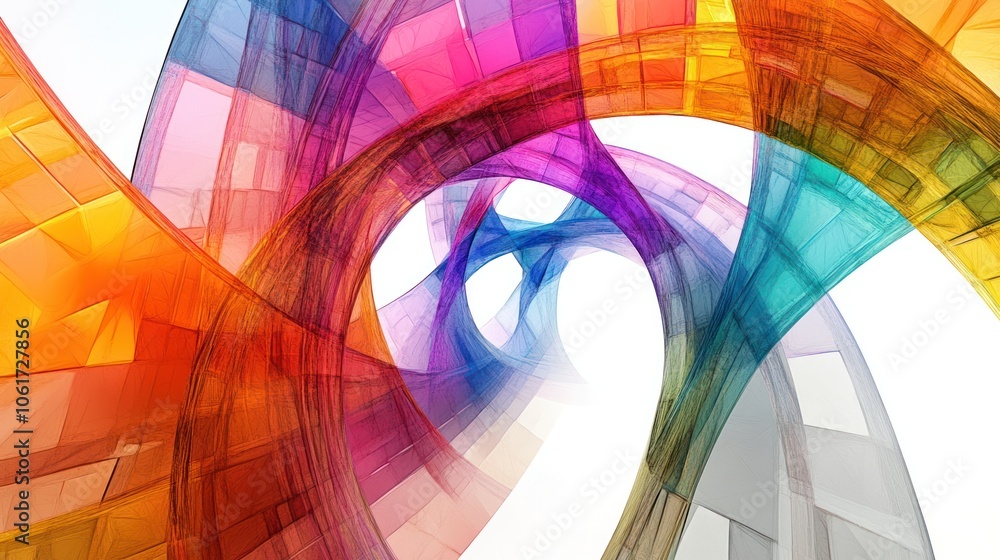 Poster bridge, where geometric shapes and flowing lines intersect in a dynamic dance of colors.