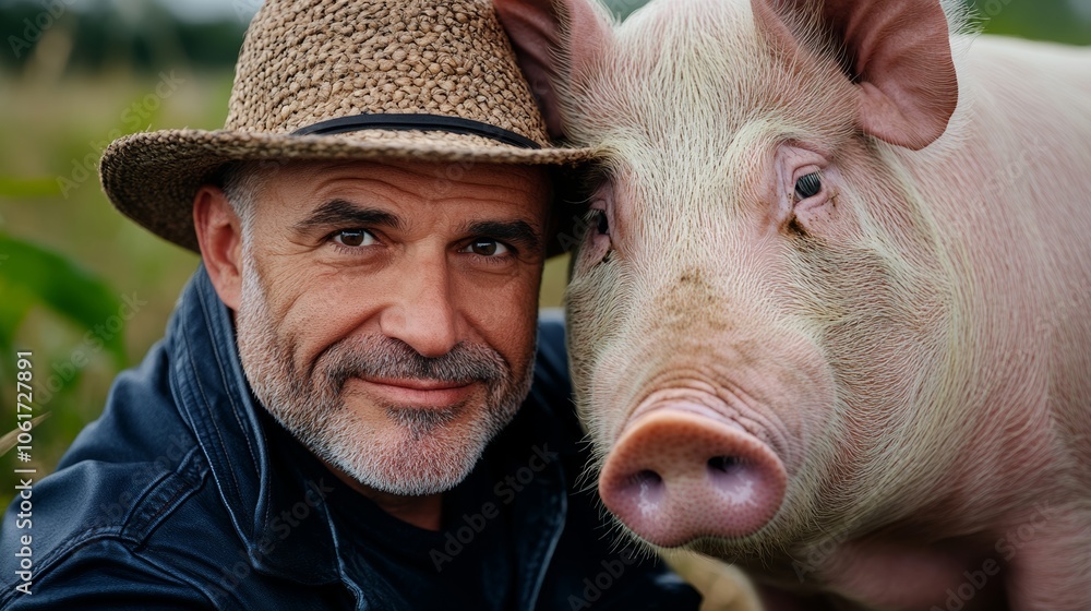 Poster man is sitting next to a pig and wearing a straw hat. the man is smiling and the pig is looking at h