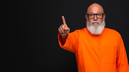 Fototapeta premium Man with a beard and glasses is pointing at something with his finger. He is wearing an orange shirt