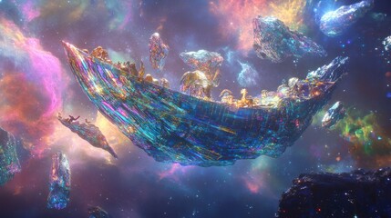 Fototapeta premium a conceptual Noah's Ark featuring holographic elements and a celestial design. Animals are depicted in a radiant and ethereal manner,