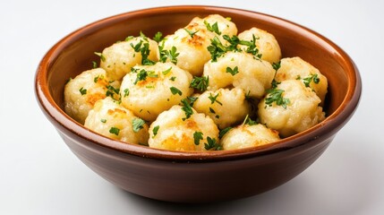 Golden Dish of Fluffy Dumplings in a Brown Bowl