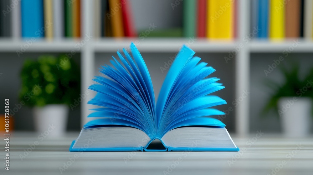 Poster blue open book on a table with a green plant in the background. the book is open to a page with a bl