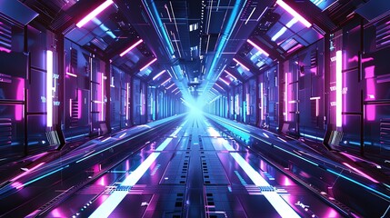 Fototapeta premium Futuristic Neon Tunnel with Vibrant Lights and Reflections in Sci-Fi Style