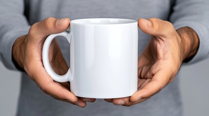 Man is holding a white mug in his hands. The mug is empty and has no design on it. The man's hands are positioned around the mug, and he is holding it with a sense of care and attention
