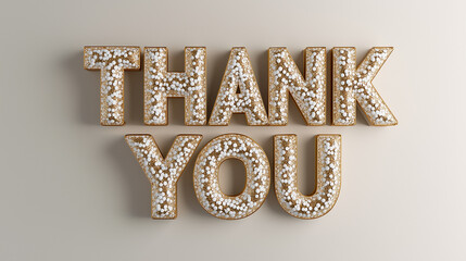 Thank You elegant white and golden text on light grey background. 