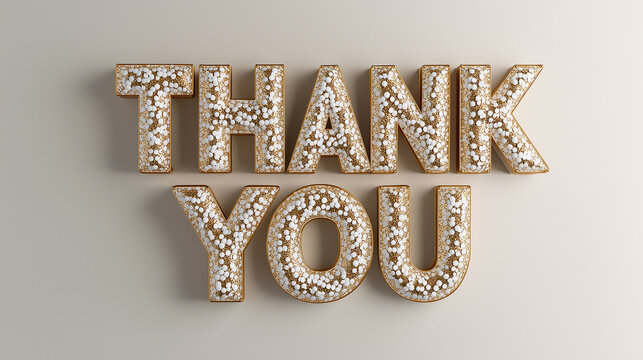 Thank You elegant white and golden text on light grey background. 