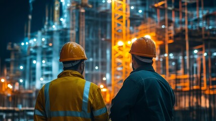 Obraz premium Engineers in helmets collaborating at a construction site at night, with the site brightly illuminated and machinery operating in the background