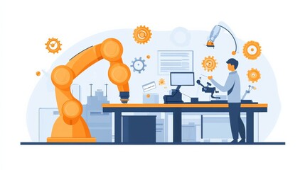 Fototapeta premium Engineers programming and monitoring automated manufacturing processes, using IoT manufacturing software to optimize the performance of industrial robots