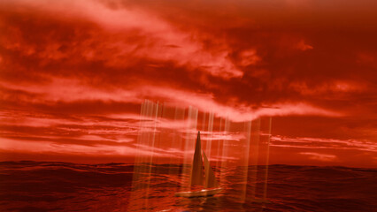 A small sailboat is sailing in a heavy sea with light beam that penetrate from cloud in sunset time (3D Rendering)