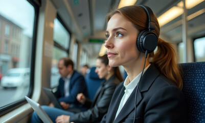 A young businesswoman goes to work on public transport on her way to work and he listens to music or a podcast on headphones. A business trip. Public transport, train, bus, commuter train.
