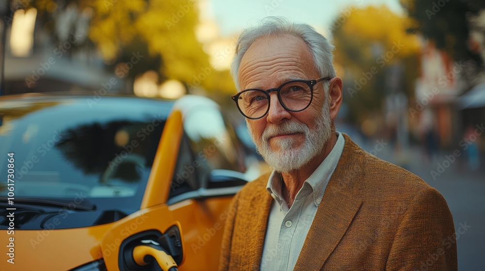 Poster man in a yellow jacket stands next to a yellow car with a charging port. he is smiling and he is hap