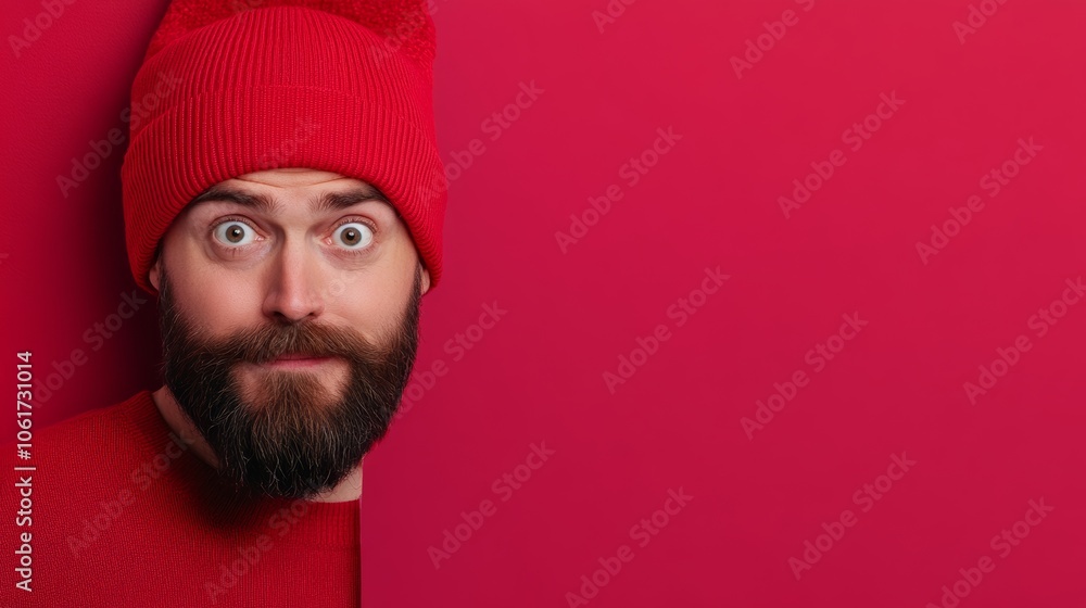 Poster man with a red hat and beard is looking at the camera. he is wearing a red sweater and he is surpris