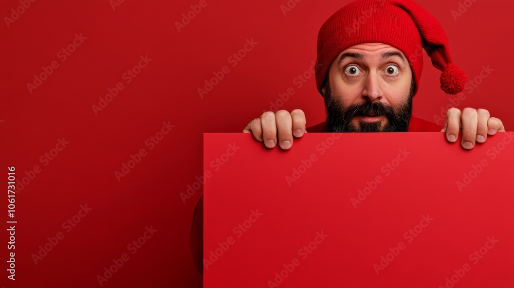 Poster man in a red hat and beard is holding a blank sign in front of a red background