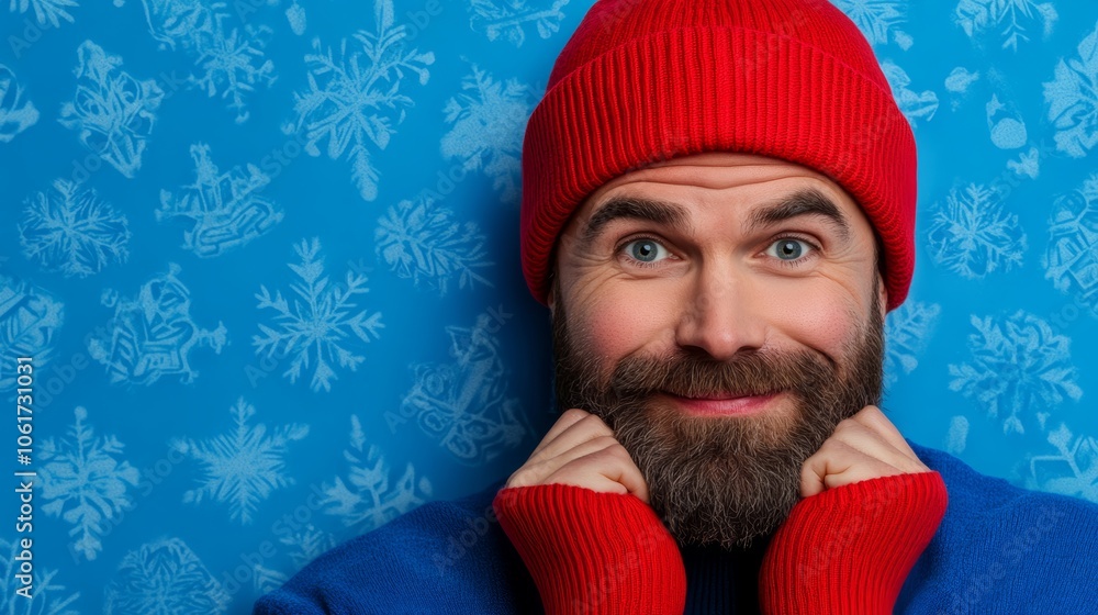 Poster man with a beard and a red hat is smiling and looking at the camera. he is wearing a blue sweater an