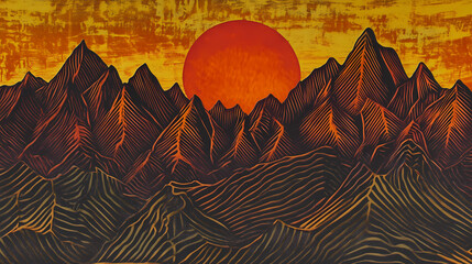 A Kurdish-style sun peeks over the Sawtooth mountains in this letterpress laser cut background