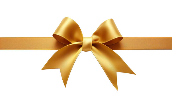 luxury yellow gold color satin ribbon with bow PNG, cutout isolated on transparent background. Present, gift, discount, coupon concept graphic resource