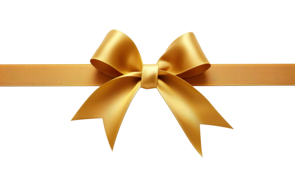 luxury yellow gold color satin ribbon with bow PNG, cutout isolated on transparent background. Present, gift, discount, coupon concept graphic resource