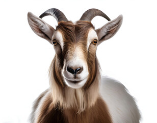 Fototapeta premium A detailed close-up portrait of a goat. The animal stands against a clean white background, showcasing its features and expressions. Ideal for nature and wildlife themes
