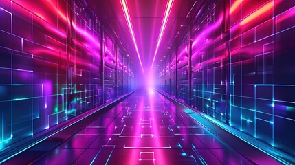 Futuristic Neon Tunnel with Vibrant Lights and Reflections in Sci-Fi Style