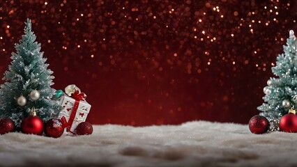 Christmas background and Christmas tree and sparkling bokeh lights in winter, merry christmas card holiday Happy New Year, space for text on red background 