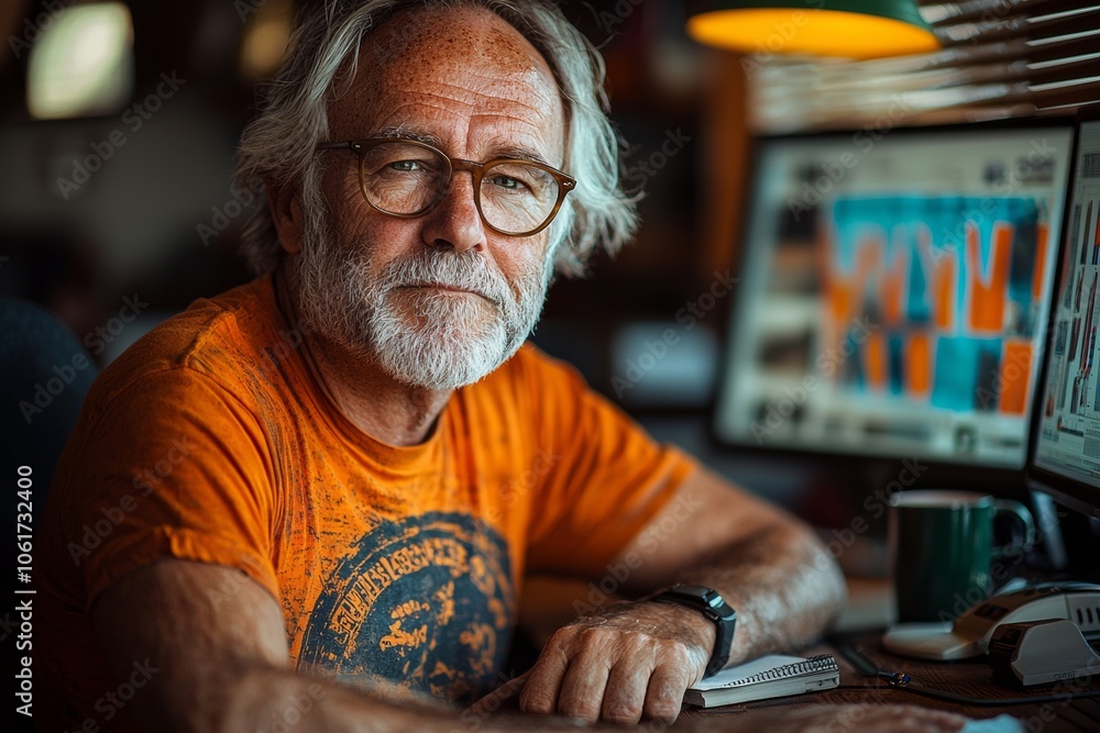 Poster man in an orange shirt sits in front of a computer with a notebook and a cup. he is focused on his w