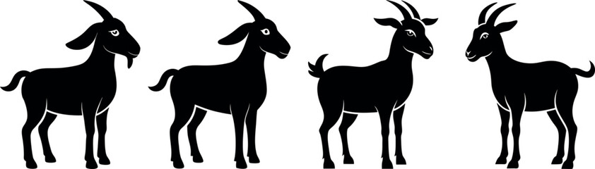 goat Silhouette Vector Clipart set - Farm Animal, Black and White