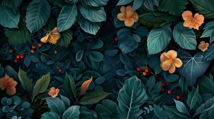 Tropical Foliage with Dark Background and Vibrant Orange Flowers