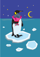 penguin with fish standing on ice floe in night ocean vector