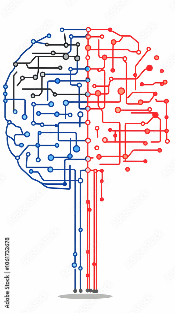 Poster abstract brain with circuit board design and red and blue wires.