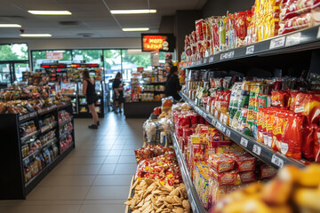 Well-Stocked Convenience Store Within The Gas Station, With Customers Browsing Snacks And Beverages While Attendants Assist At The Pumps