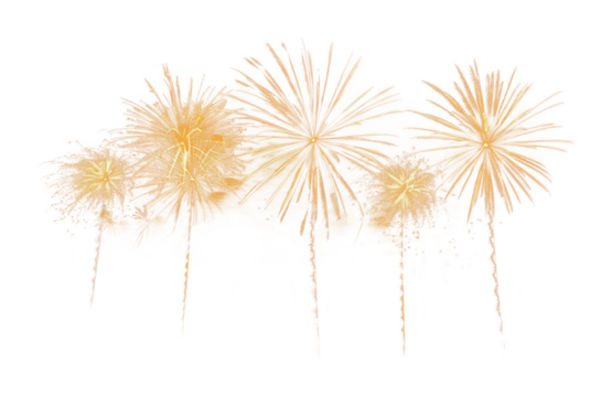 Happy New Year festive celebration party fireworks explosion PNG, cutout isolated on transparent background. Gold yellow color