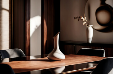Close up details of modern designer touch dining room with wooden details in japandi style