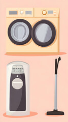 Fototapeta premium Cartoon illustration of a washing machine, dryer, and vacuum cleaner on a pink background.