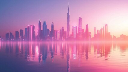 Fototapeta premium A futuristic smart city skyline with soft neon lights reflected on the water set against soft pastel gradient sky