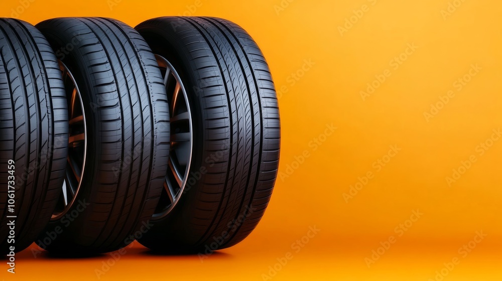 Poster four black tires are stacked on top of each other on a yellow background. the tires are all the same