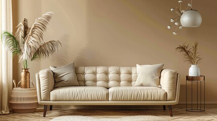 Elegant beige living room with soft lighting and comfortable sofa