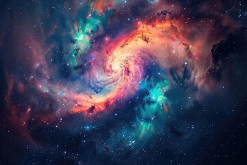 Obraz premium A vibrant spiral galaxy with swirling clouds of gas and dust, surrounded by countless stars