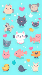 Cute cartoon animals and fish on a blue background.