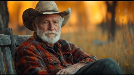 Fototapeta premium Man in a cowboy hat and plaid shirt sits on a bench in a field. Concept of relaxation and leisure, as the man is enjoying his time outdoors