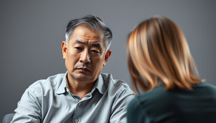 Depressed husband at couples therapy isolated with white highlights, png