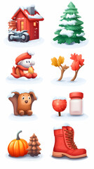 Cute winter themed cartoon icons in a set of nine.