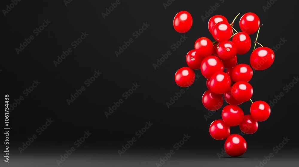 Poster bunch of red cherries are floating in the air. the cherries are scattered all over the background, c