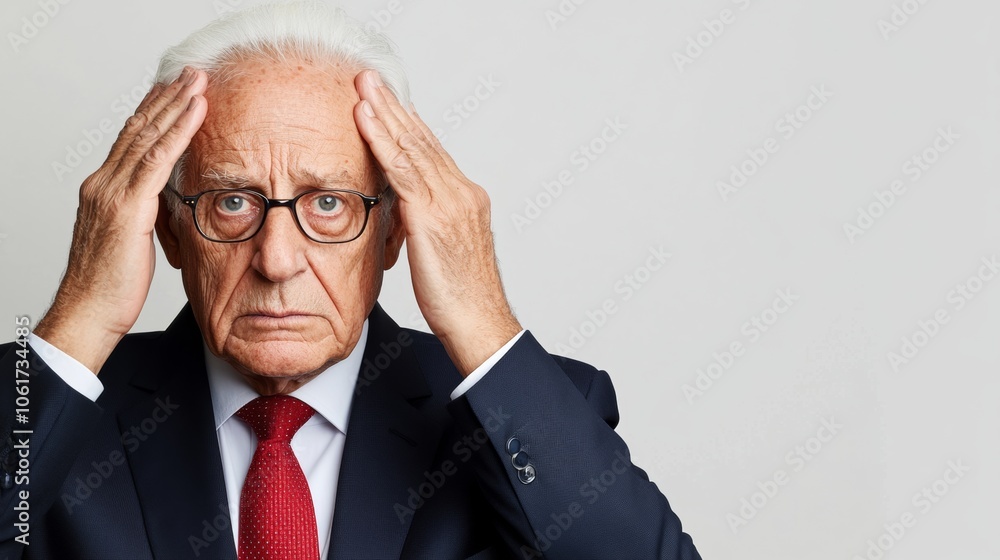 Poster man in a suit and red tie is looking down and rubbing his forehead. he is in a state of deep thought
