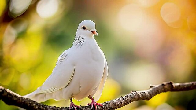 a white dove  a white doa white dove  sitting on  a branch  with the sun shining through  the trees  in the background.sitting on  a branch  with the sun shining through  the trees  in the background.