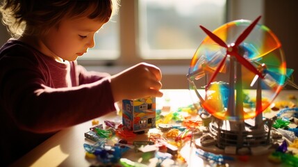 Fototapeta premium a child's hands assembling a small wind turbine, with colorful building blocks spread across a table.