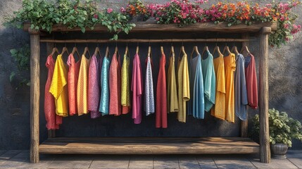 A wooden clothing rack with a variety of colorful t-shirts hanging on it. The rack is set against a stone wall with green plants growing on it.