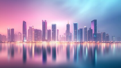 Fototapeta premium A futuristic smart city skyline with soft neon lights reflected on the water set against a soft pastel gradient sky