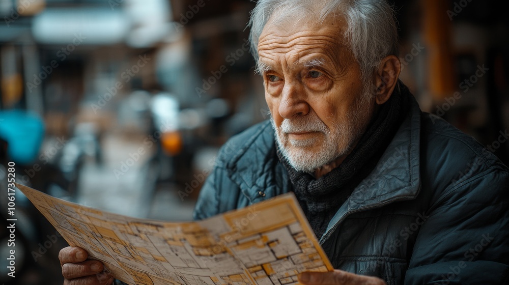 Poster an older man is looking at a map while wearing a black jacket. he is focused on the map and may be t