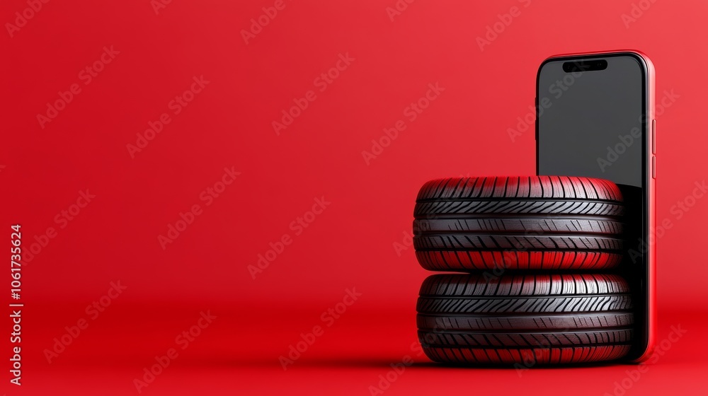 Poster phone is on top of two tires. the image has a red background. the idea of the image is to show a pho
