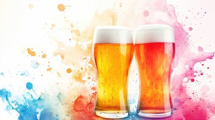 Two glasses of beer are shown against a watercolor background. One glass is filled with a lighter beer, while the other glass is filled. Inviting enjoyment at a summer event or party